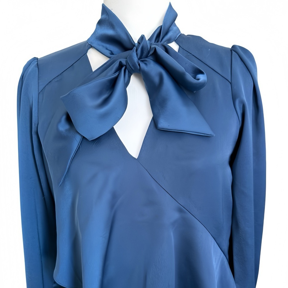 Parker Navy Blue Satin Mini Dress XS Tie Neck Long Sleeve Cascading Ruffle Hem - Picture 15 of 16
